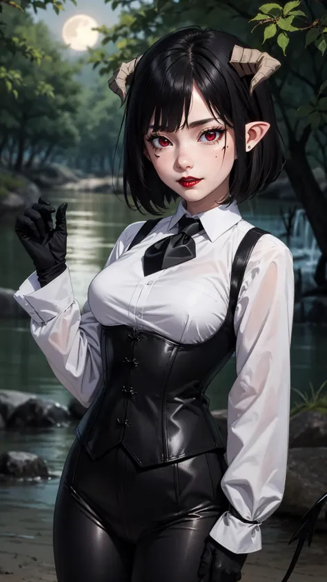 <lora:torture_tortura:0.7>, red eyes, black hair, short hair, pointy ears, black gloves, medium breasts, red lips, demon horns, demon tail, black pants, black corset, white shirt, collared shirt, long sleeves, black necktie, vest, demon girl, RTX, HDR, moon, night, portrait, outside, blush, looking at the viewer, forest, lake, cozy,