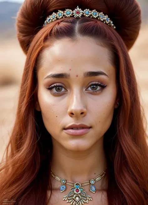 A stunning intricate color close up portrait of (arianagrande-ti:1) , wearing fancy shirt, epic character composition, sharp focus, natural lighting, subsurface scattering, f2, 35mm, film grain, , by Jimmy Nelson