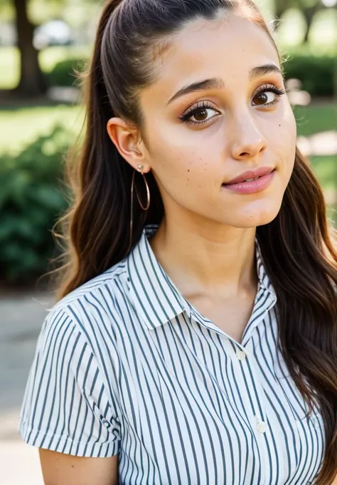 RAW close up portrait photo of arianagrande-ti, natural lighting, 8k uhd, dslr, high quality, film grain, Fujifilm XT3, by Dorothea Lange, Striped shirt and pleated skirt, casual clothing, well dressed