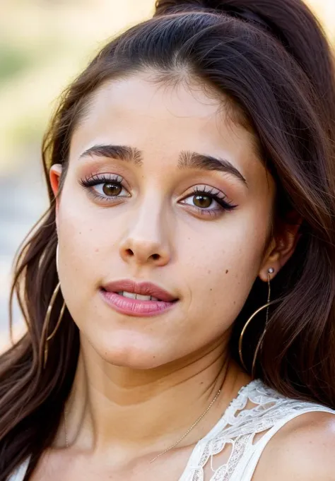 RAW close up portrait photo of arianagrande-ti, natural lighting, 8k uhd, dslr, high quality, film grain, Fujifilm XT3, by Annie Leibovitz, Maxi dress, casual clothing, well dressed