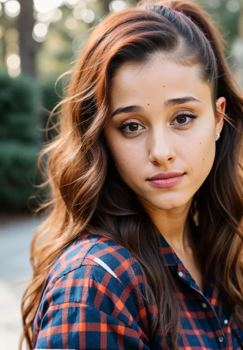 RAW close up portrait photo of arianagrande-ti, natural lighting, 8k uhd, dslr, high quality, film grain, Fujifilm XT3, by Imogen Cunningham, Flannel shirt and jeans, casual clothing, well dressed