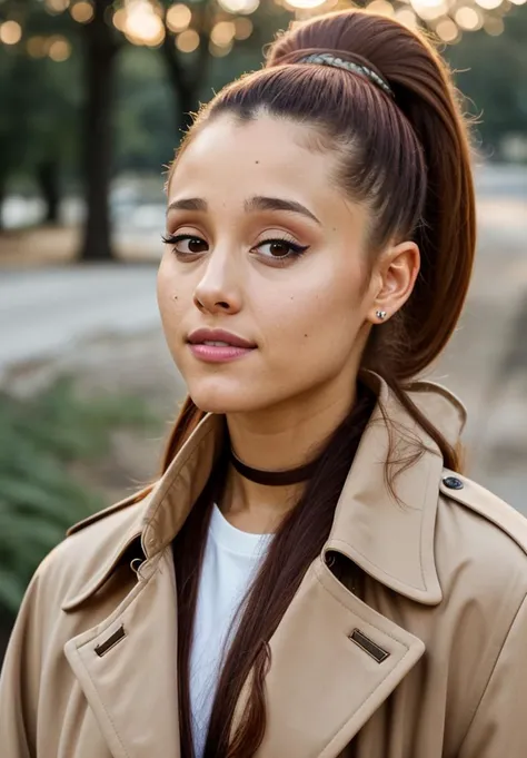RAW close up portrait photo of arianagrande-ti, natural lighting, 8k uhd, dslr, high quality, film grain, Fujifilm XT3, by Jimmy Nelson, Trench coat and ankle boots, casual clothing, well dressed