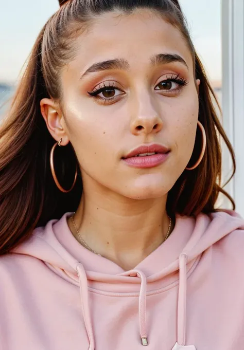 RAW close up portrait photo of arianagrande-ti, natural lighting, 8k uhd, dslr, high quality, film grain, Fujifilm XT3, by William Eggleston, Graphic sweatshirt and jogger pants, casual clothing, well dressed