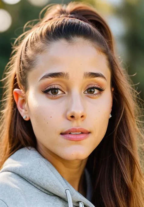 RAW close up portrait photo of arianagrande-ti, natural lighting, 8k uhd, dslr, high quality, film grain, Fujifilm XT3, by Dorothea Lange, Sweatshirt and joggers, casual clothing, well dressed