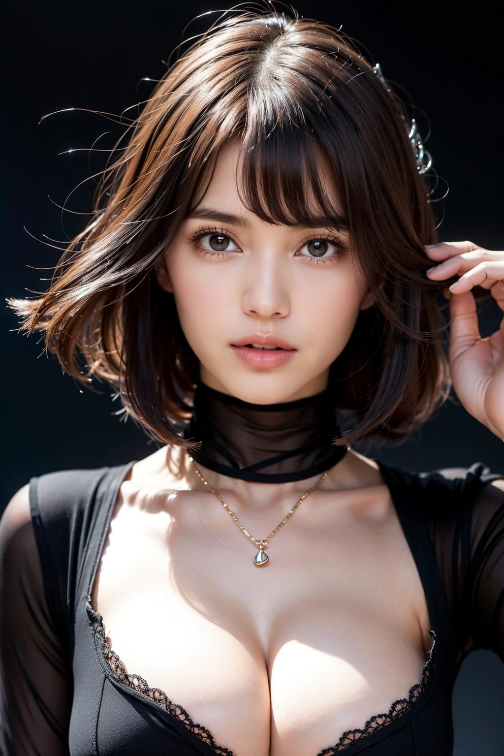 1girl, Close-up of a seductive and beautiful woman, makeup, black background, (hands on face), wind, wind blown hair,
bangs, facial flushing, cleavage, Slender hands, detailed skin, (full body shot):1.4, (high-neck sheath dress):1.4