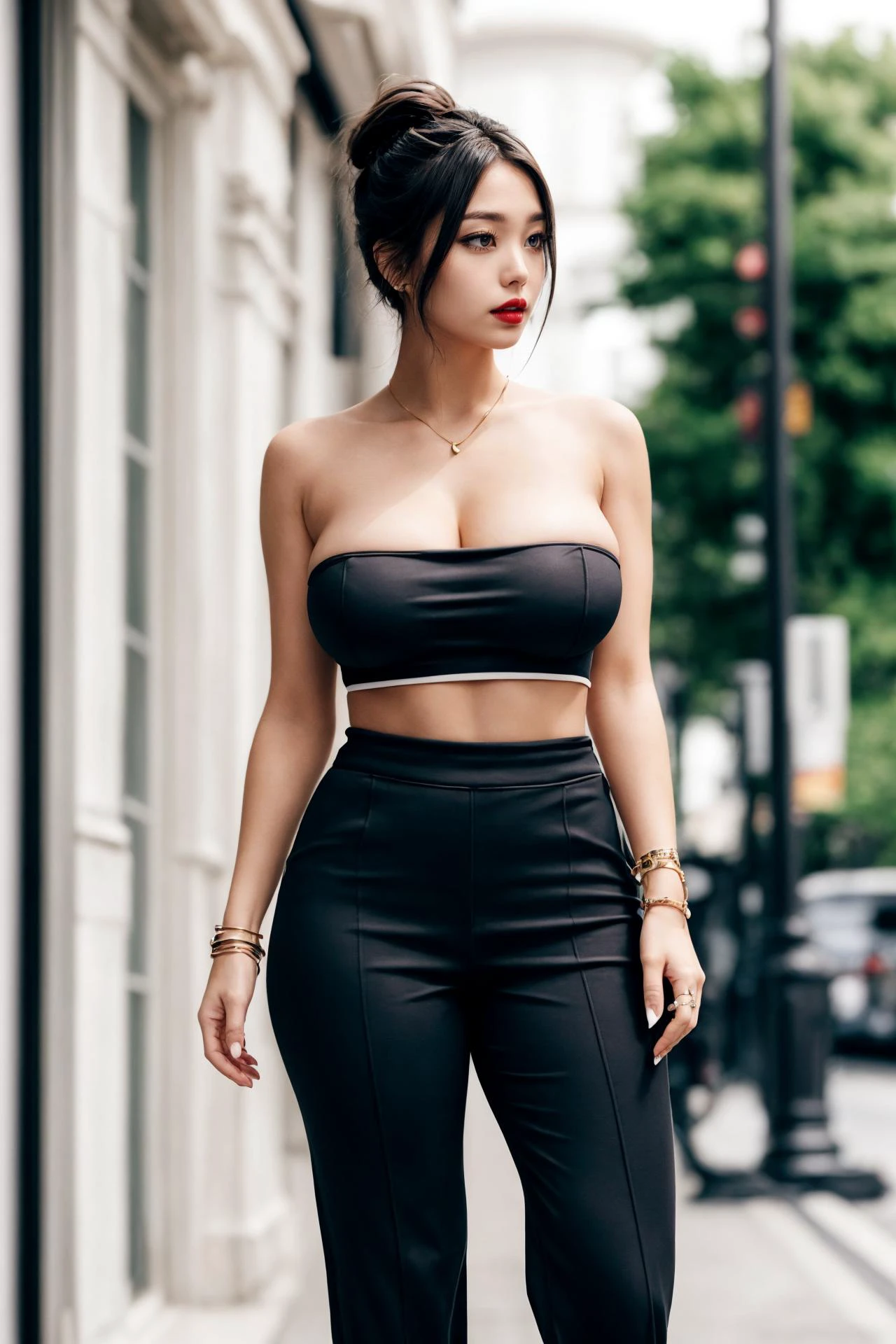 (ultra realistic,32k, masterpiece:1.2),(high detailed skin:1.1),( high quality:1.1),
full body,( standing:1.2),looking at viewer,  <lora:add_detail:0.89>,
(radiant:1.1),  blurry background, 
BREAK 1girl, black hair, red lips,(thick lips:1.1), (mascara, long lashes:1.1), BREAK black (strapless halterless sleeveless collarless:1.1) (Bandeau, tube :1.1) , (huge breast,large breast:1.2), BREAK black sweater pants