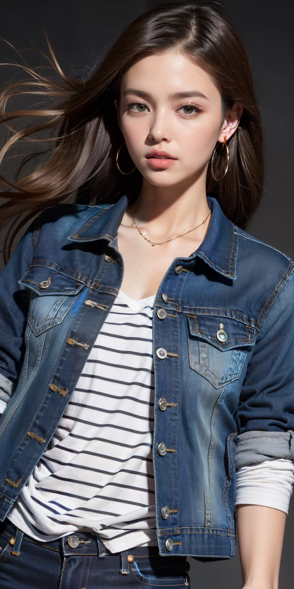 1girl, depth of field, solo, standing,
Canon RF85mm f/1.2,best quality,(beautiful long slender legs), (a seductive and beautiful woman), (closeup face), shiny_white_skin,necklace,earrings,
(wind, wind blown hair, very long wavy hair),red_shiny_lips,eyelashes,make-up,shiny,Pore,detailed skin texture,big breasts,(denim jacket over a striped t-shirt and distressed jeans):1.8, professional model standing pose, black background,