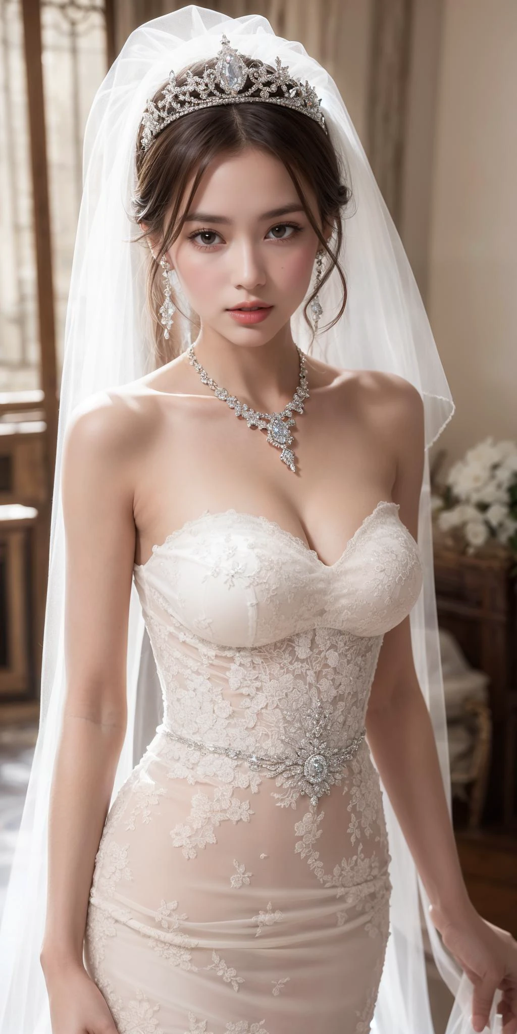 1girl, depth of field, solo, standing,
Canon RF85mm f/1.2,best quality,(beautiful long  slender legs), (a seductive and beautiful woman), (closeup face), shiny_white_skin,necklace,earrings,
1girl,solo,bridal veil,lace-trimmed dress,wedding dress,white dress,bride, best quality,masterpiece,highres,official art,,white palace, tiara,marvelous, gorgeous, noble,gothic architecture, Jewelry,