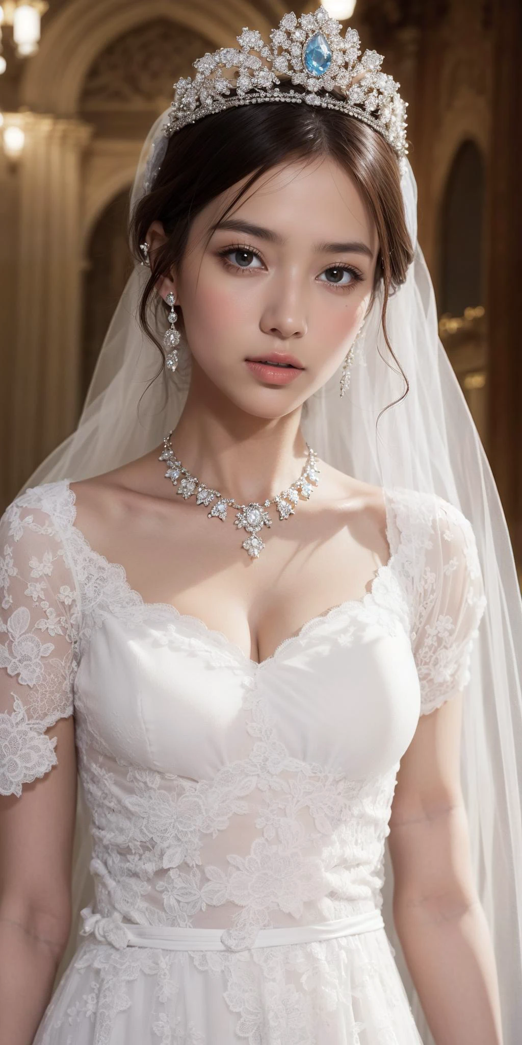 1girl, depth of field, solo, standing,
Canon RF85mm f/1.2,best quality,(beautiful long slender legs), (a seductive and beautiful woman), (closeup face), shiny_white_skin,necklace,earrings,
1girl,solo,bridal veil,lace-trimmed dress,wedding dress,white dress,bride, best quality,masterpiece,highres,official art,,white palace, tiara,marvelous, gorgeous, noble,gothic architecture, Jewelry,