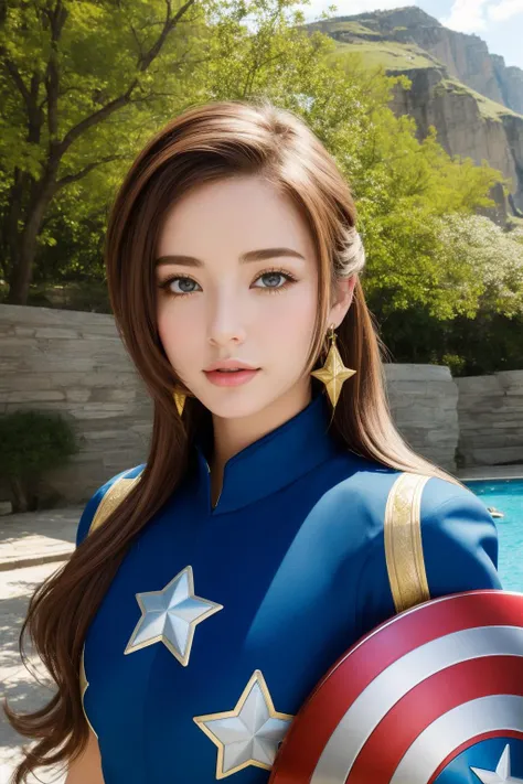 1girl, (art by Nicolas de Stael:1.3) and (Jason Pearson:1.1) , colorful editorial illustration of a Hyperrealism, behance, broad-shouldered Tang Dynasty ([Captain America|Cayde-6]:1.3) , he is Laying in a Water Park, Captain America is very Disruptive and [Comfortable:Squealing:13], he is cosplaying as Tails, he is feeling very smug, best quality, dressed in winter casual outfit, his hair is Celestial and styled as Wavy, Captain America has a Dieselpunk Vintage Blue Goatee, Earring, crowded mountains and vegetation, at Midday, split diopter, Magic Realism, Confused, spotlit, F/1.8, Mono Color, Black and DayGlo blue fractal art, Gold Leafing, most beautiful in the world, realistic lovely face, adobe lightroom, unreal engine, harmonious