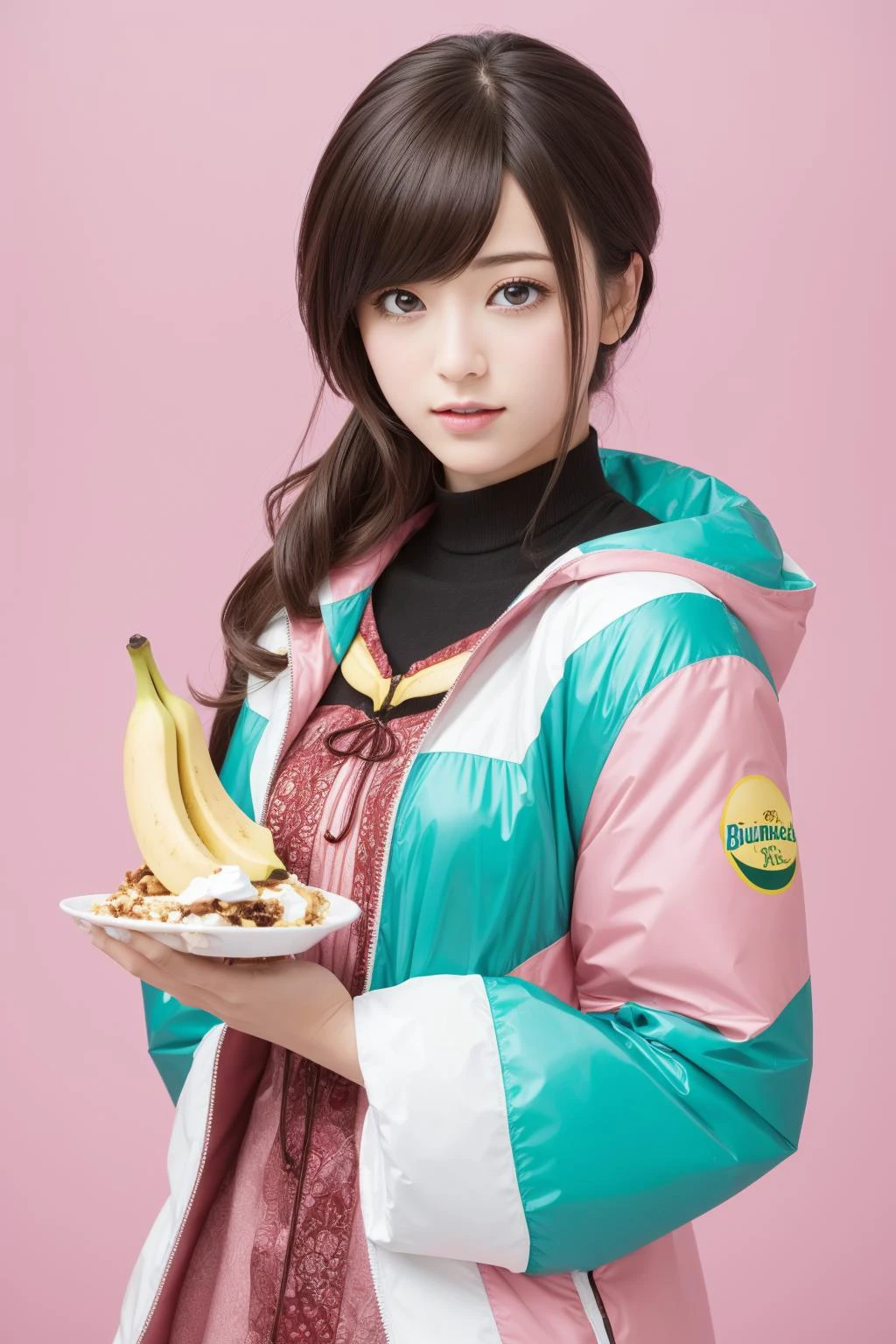1girl, masterpiece Vector Art, Voidpunk, intricate background, overhead angle of a [Pakistani|Burundian] ([Terrestrial planet|banana split]:1.3) , the banana split is very Great and Noble, it is designed by James Bond, it is made from Libra constellation, simple Blush Pink, Pale Gray and Mint background, TaishÅ Era jungle and Little Dipper in background, Hurricane, Bokeh, Regret, moody lighting, 80mm, Agfacolor, bloom, Diorama, High quality, pixiv