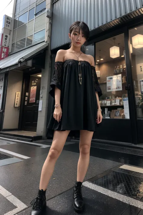 (realistic:1.3), finely detailed, quality, rembrandt lighting, (masterpiece:1.2), (photorealistic:1.2), (best quality), (detailed skin:1.3), (intricate details), dramatic, ray tracing, 1girl, japanese girl, 21 years old, detailed skin texture, (blush:0.5), (goosebumps:0.5), subsurface scattering, smiling, medium breasts, ponytail hair, bangs, hair between eyes, short dress, clothing cutout, cleavage, (lace:1.2), full body, (bright sunny day, outdoors, tokyo, street, sky), <lora:Tent_Dress_clear:0.8>