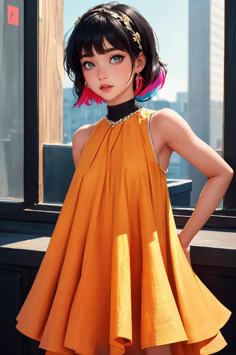 (best quality, ultra-detailed, masterpiece), young lovely girl wearing tent dress, extremely cute, cinematic angle, detailed, <lora:Tent_Dress_1.0:0.7>