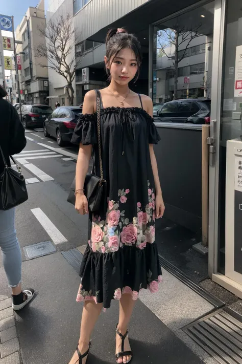 (realistic:1.3), finely detailed, quality, rembrandt lighting, (masterpiece:1.2), (photorealistic:1.2), (best quality), (detailed skin:1.3), (intricate details), dramatic, ray tracing, 1girl, japanese girl, 21 years old, detailed skin texture, (blush:0.5), (goosebumps:0.5), subsurface scattering, smiling, medium breasts, ponytail hair, bangs, hair between eyes, short dress, white dress, (floral print:1.2), full body, (bright sunny day, outdoors, tokyo, street, sky), <lora:Tent_Dress_clear:0.8>