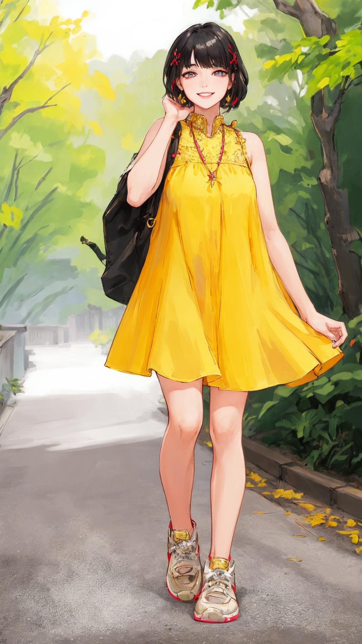 A woman in a yellow dress is walking down a street - SeaArt AI