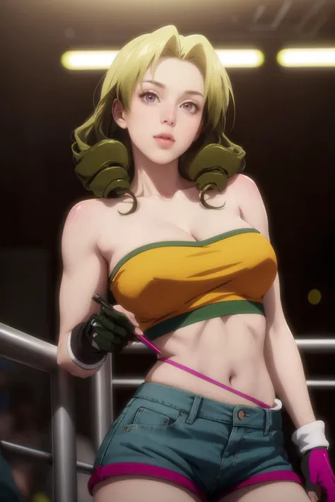 straight-on, ANIME_MaMiSun_ownwaifu,www.ownwaifu.com,
breasts,long hair,blonde hair,green hair,red eyes,makeup,lipstick,short hair,large breasts,lips,eyelashes,drill hair,bangs,twin drills,gradient hair,
shorts,strapless,cleavage,thighhighs,bare shoulders,gloves,fingerless gloves,midriff,bandeau,short shorts,black legwear,navel,tube top,denim,collarbone,denim shorts,
<lora:ANIME_MaMiSun_ownwaifu:0.85>, official art,extremely detailed CG unity 8k wallpaper, perfect lighting,Colorful, Bright_Front_face_Lighting,shiny skin, (masterpiece:1.0),(best_quality:1.0), ultra high res,4K,ultra-detailed, photography, 8K, HDR, highres, (absurdres:1.2), Kodak portra 400, film grain, blurry background, (bokeh:1.2), lens flare, (vibrant_color:1.2),professional photograph, (beautiful_face:1.5),