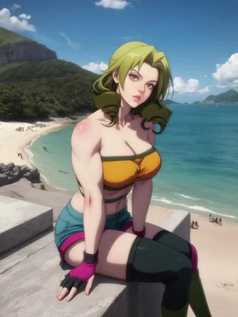 (highres, high quality:1.2), intricate details, cinematic lighting, ambient occlusion,
1girl, solo, milf, full body, sitting on balcony of rock castle, legs together, ocean background, beach background, fantasy, complex mountains background,
tired,
<lora:ANIME_MaMiSun_ownwaifu:0.9>
ANIME_MaMiSun_ownwaifu,www.ownwaifu.com,breasts,long hair,blonde hair,green hair,shorts,strapless,cleavage,thighhighs,bare shoulders,gloves,red eyes,fingerless gloves,midriff,makeup,lipstick,short hair,large breasts,lips,bandeau,eyelashes,short shorts,black legwear,navel,tube top,denim,drill hair,bangs,collarbone,denim shorts,twin drills,gradient hair,