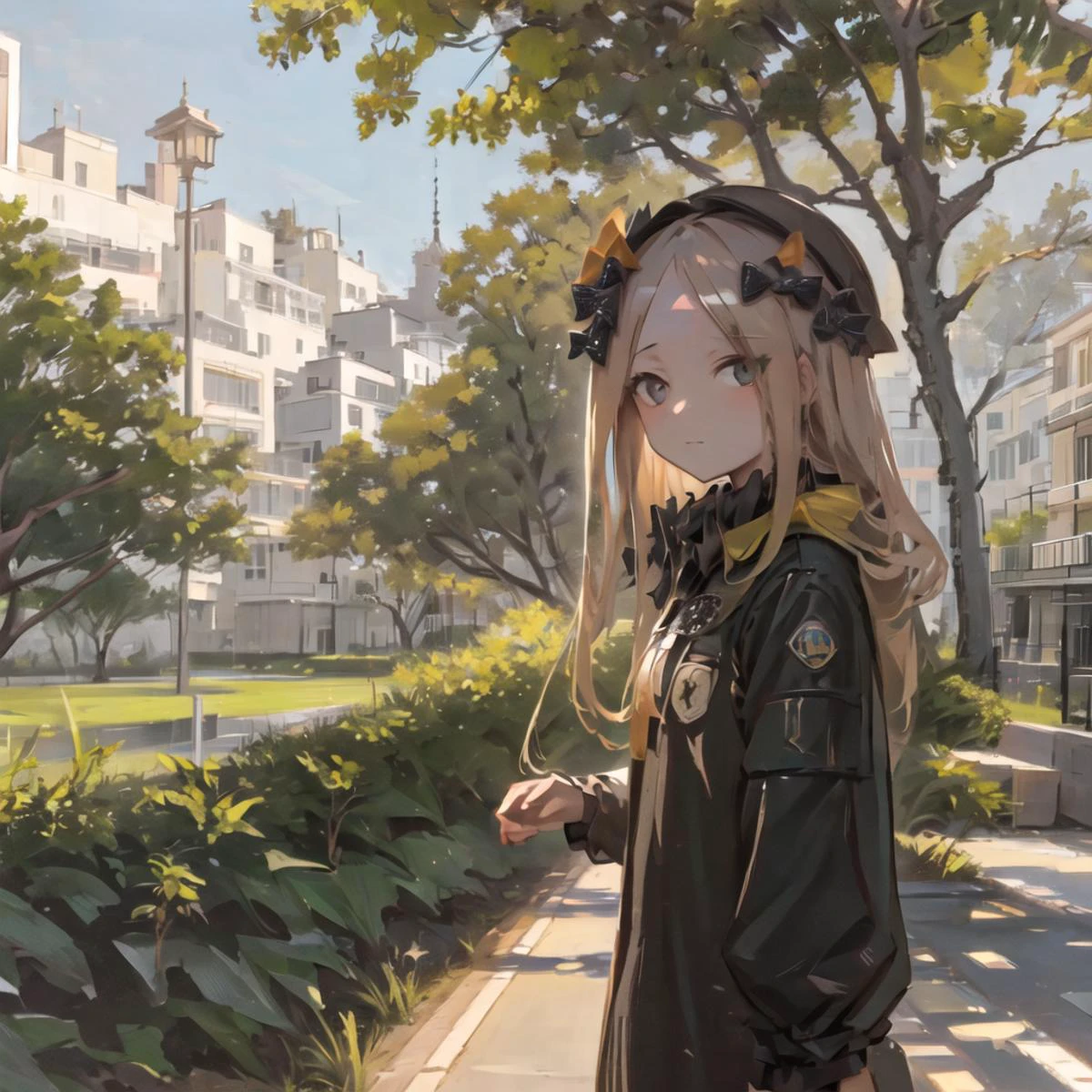 masterpiece, best quality, 1girl, tree, sky, palm_tree, sunset, lake, looking_at_viewer, skyscraper, cityscape, solo, night, building, star_\(sky\), outdoors, skyline, lamppost, blushAbigail