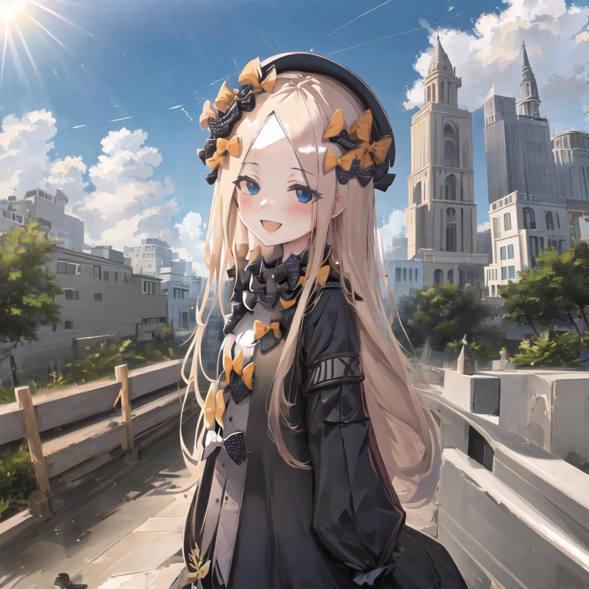 masterpiece, best quality, 1girl, building, chain-link_fence, fence, skyscraper, cityscape, ferris_wheel, blue_sky, city, racket, sky, blush, tennis_racket, skyline, rooftop, architecture, smile, day, east_asian_architecture, lens_flare, tower, bridge, house, open_mouth, real_world_location, Abigail