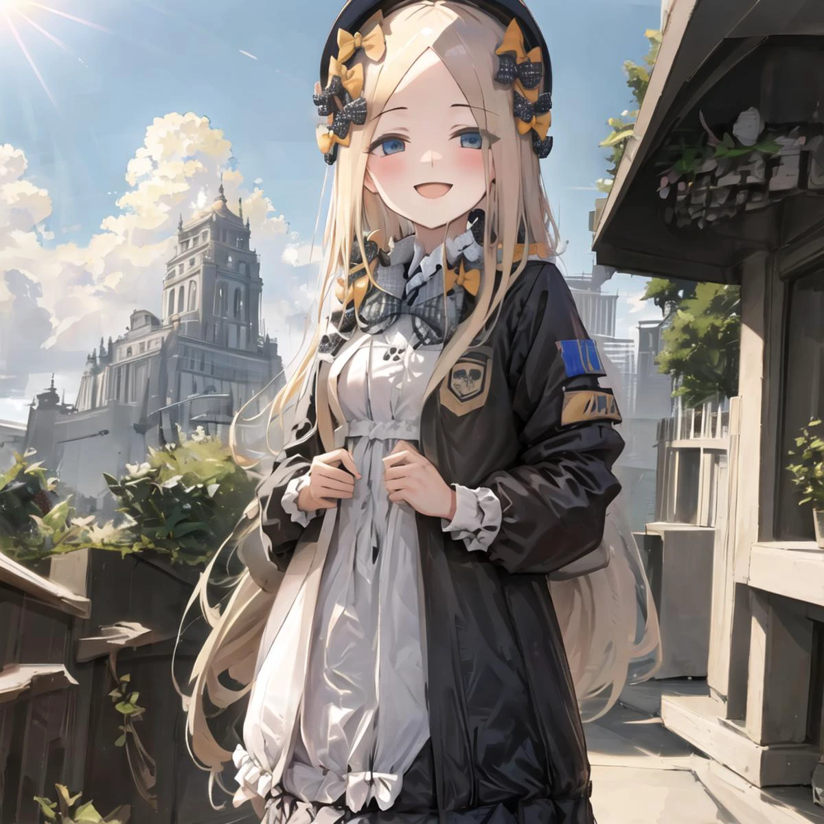 masterpiece, best quality, 1girl, building, chain-link_fence, fence, skyscraper, cityscape, ferris_wheel, blue_sky, city, racket, sky, blush, tennis_racket, skyline, rooftop, architecture, smile, day, east_asian_architecture, lens_flare, tower, bridge, house, open_mouth, real_world_location, Abigail