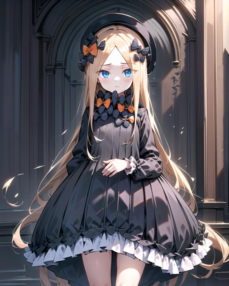 1girl, standing, arms at sides,
<lora:Abigail-v1.1:0.8>, abigail, blue eyes, hat, orange ribbon, hair ornament, very long hair, frills, black dress,
blush,
