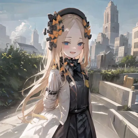 masterpiece, best quality, 1girl, building, chain-link_fence, fence, skyscraper, cityscape, ferris_wheel, blue_sky, city, racket, sky, blush, tennis_racket, skyline, rooftop, architecture, smile, day, east_asian_architecture, lens_flare, tower, bridge, house, open_mouth, real_world_location, Abigail