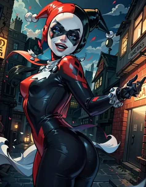 (HarleyWaifu:1), (blue eyes, mask, domino mask, hat, bodysuit, jester cap, makeup, facepaint, gloves), (makeup), curvy, looking at viewer, evil smile, :D, leaning forward, cute pose,  from below, 
(detailed landscape, city, dirt alley, smoke:1.2), (background:1), (dynamic_angle:1.2), (dynamic_pose:1.2), (rule of third_composition:1.3), (dynamic_perspective:1.2), (dynamic_Line_of_action:1.2), solo, wide shot,
(masterpiece:1.2), (best quality, highest quality), (ultra detailed), (8k, 4k, intricate), (full-body-shot:1), (Cowboy-shot:1.2), (50mm), (highly detailed:1.2),(detailed face:1.2), detailed_eyes,(gradients),(ambient light:1.3),(cinematic composition:1.3),(HDR:1),Accent Lighting,extremely detailed,original, highres,(perfect_anatomy:1.2),
 <lora:HarleyQueenOld_character-10:0.8>