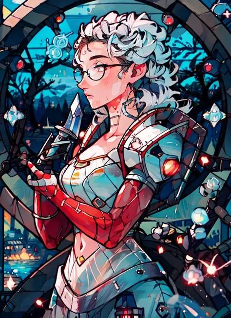 ((best quality)), ((highly detailed)), masterpiece, absurdres, (detailed eyes, deep eyes), (1girl), (glasses), upper body, ((cyborg)), cybernetics, robot limbs, (platinum), navel, lights, LEDs, ball-joints, medium breasts, armor, holding a sword, <lora:ConceptMechanical_v10:.8>, Mechanical_tentacles, (outside, at a lake, wet hair, dawn, snowing), <lora:GLASS3:1>, \(boli\)