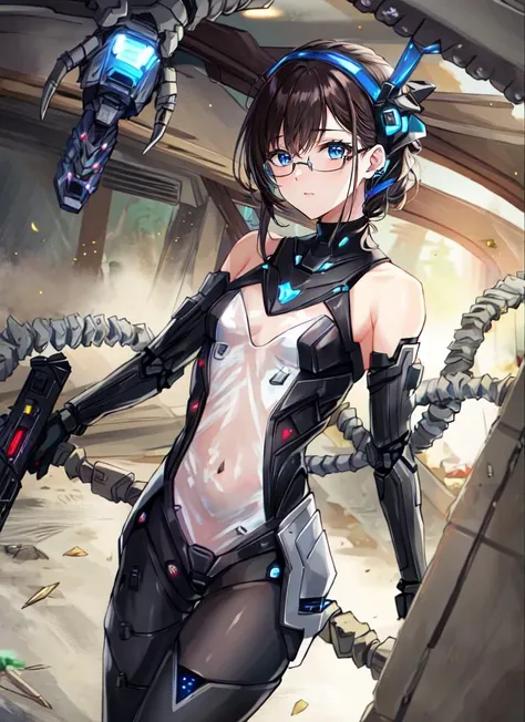 ((best quality)), ((highly detailed)), masterpiece, detailed face, beautiful face, (detailed eyes, deep eyes), (1girl), (glasses), Forced Perspective, cowboy shot, <lora:translucentBunnysuitClothes:1>, translucent bunnysuit, bare shoulders, see-through, crotchless pantyhose, heart pasties, heart maebari, ((cyborg)), cybernetics, robot limbs, (aluminum_(substance)), navel, lights, LEDs, ball-joints, doll-like joints, small breasts,holding a rifle, <lora:ConceptMechanical_v10:.7>, Mechanical_tentacles