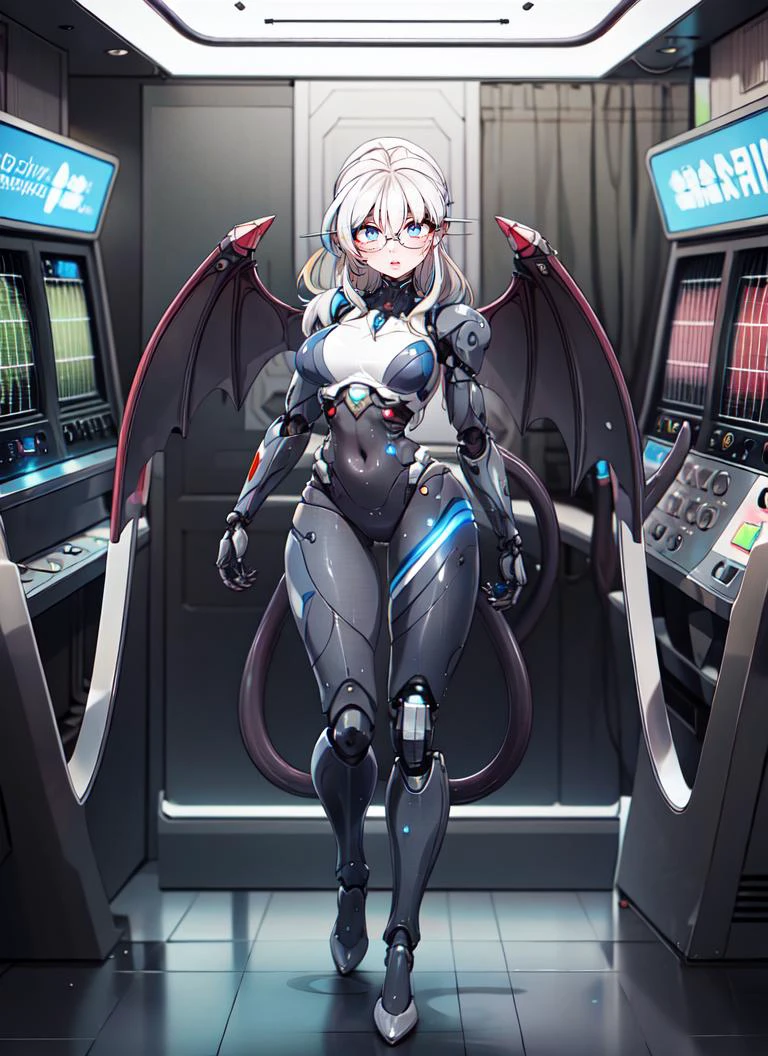 ((best quality)), ((highly detailed)), masterpiece, absurdres, detailed face, beautiful face, (detailed eyes, deep eyes), <lora:more_details:.2>, (1girl), (glasses), full body, (((wide shot))), ((cyborg)), cybernetics, robot limbs, (aluminum_(substance)), navel, lights, LEDs, ball-joints, doll-like joints, medium breasts, mechanical wings, <lora:ConceptMechanical_v10:.6>, Mechanical_tentacles, (inside, in a casino), <lora:Strong_bana_style_v01:1>