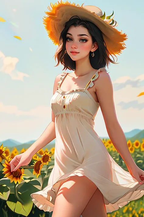 DEN_rayeroze_OF,
(walking through a field of sunflowers wearing a (summer dress:1.3) and sun hat, field, sunflowers, summer, scenic:1.2),
bokeh, f1.4, 40mm, photorealistic, raw, 8k, textured skin, skin pores, intricate details <lora:epi_noiseoffset2:1>, epiCRealism