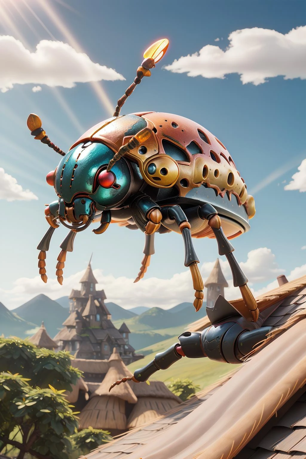 giant beetle <lora:RPGGiantBeetle:1> on a thatched roof, fantasy village, mountain background, sunshine, god rays