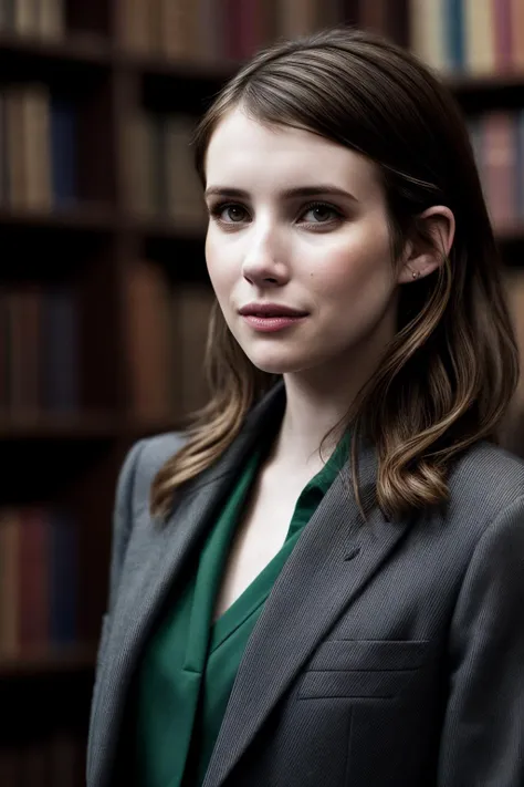 EmmaR_SoloTI_v1,PA7_Portrait-MCU, a woman, perfect hair, (A sophisticated ensemble embodying the essence of intellectual elegance, featuring a tailored blazer in a timeless hue, paired with a crisp button-down shirt and sleek trousers:1.1), ((In a cozy library, shelves lined with leather-bound books and the scent of knowledge lingering in the air, the intellectual woman immerses herself in the world of words and ideas:1.2)), (seductive), photorealistic, masterpiece, high quality, artistic, unique, award winning photograph, professional, 8k, RAW photo, best quality,flattering,shallow DOF, depth of field, <lora:add_detail:0.6>,<lora:LowRa:0.6>,