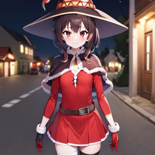 <lora:erosantav1:0.8> red fur-trimmed capelet, red skirt, red fur-trimmed gloves, capelet, solo, 1girl, gloves, skirt, christmas, suspenders, red capelet, red gloves <lora:Megumin_V1.0:1> 1girl, (red eyes:1.2), solo, brown hair, short hair, witch hat, small breasts, (town:1.2), smile, HDR, 8k, 4k , megumin, short hair with long locks, bangs, old houses, night, dark sky