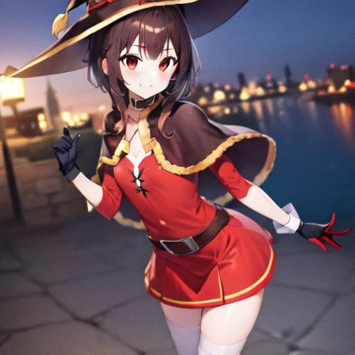 <lora:erosantav1:0.8> red fur-trimmed capelet, red skirt, red fur-trimmed gloves, capelet, solo, 1girl, gloves, skirt, christmas, suspenders, red capelet, red gloves <lora:Megumin_V1.0:1> 1girl, (red eyes:1.2), solo, brown hair, short hair, witch hat, small breasts, city, smile, HDR, 8k, 4k , megumin, short hair with long locks, bangs