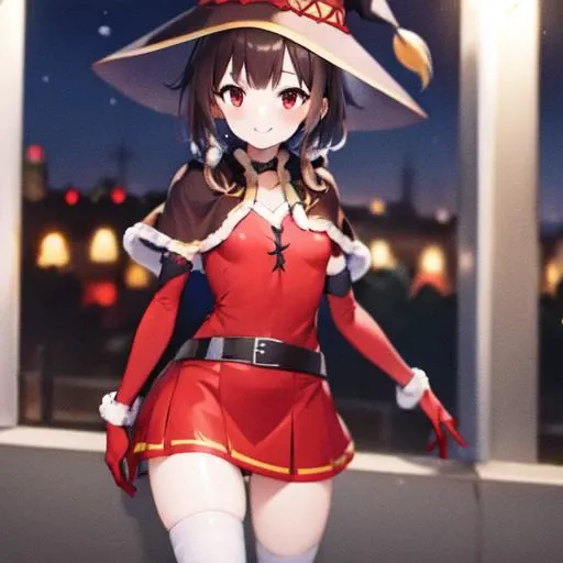 <lora:erosantav1:0.8> red fur-trimmed capelet, red skirt, red fur-trimmed gloves, capelet, solo, 1girl, gloves, skirt, christmas, suspenders, red capelet, red gloves <lora:Megumin_V1.0:1> 1girl, (red eyes:1.2), solo, brown hair, short hair, witch hat, small breasts, city, smile, HDR, 8k, 4k , megumin, short hair with long locks, bangs