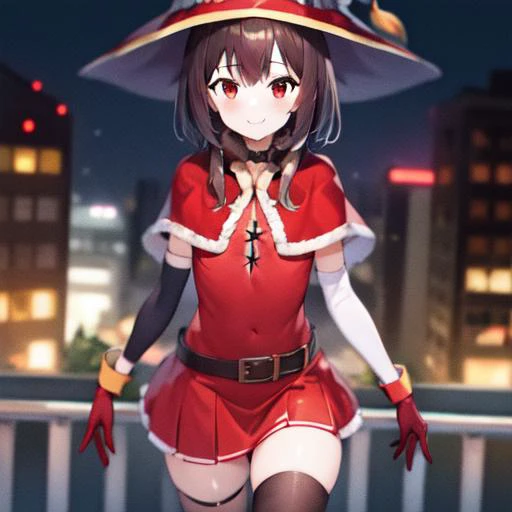 <lora:erosantav1:0.8> red fur-trimmed capelet, red skirt, red fur-trimmed gloves, capelet, solo, 1girl, gloves, skirt, christmas, suspenders, red capelet, red gloves <lora:Megumin_V1.0:1> 1girl, (red eyes:1.2), solo, brown hair, short hair, witch hat, small breasts, city, smile, HDR, 8k, 4k , megumin, short hair with long locks, bangs