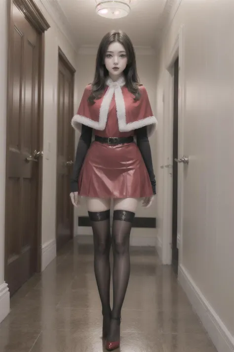 1girl, a woman in a black dress and striped stockings is standing in a hallway, high heels, long hair, solo, standing, striped, striped legwear, thighhighs,
red fur-trimmed capelet, christmas, red skirt, <lora:erosantav1:0.8>