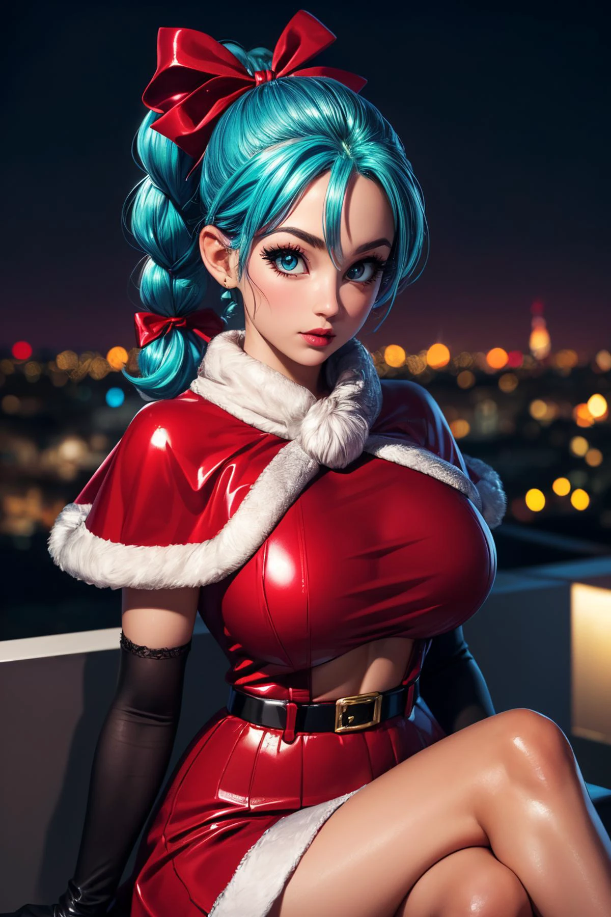 (ultra realistic,32k,RAW photo:1.1),(high detailed skin:1.1), 8k uhd, dslr, high quality, film grain, (makeup, mascara:1.1), lips,(thick\lips\),
(shiny glossy translucent clothing:1.1), <lora:bulma_9:0.6>dragon ball, (blmpony:1.1), aqua hair, (hair ribbon:1.1), braided ponytail,<lora:erosantav1:0.5>red fur-trimmed capelet, suspenders, christmas, red skirt, red fur-trimmed gloves, <lora:add_detail:0.85>, (huge breast:0.9),
(looking at viewer, sitting, crossed legs:1.1),,
(busty:1.1) , (chubby:0.1),(radiant:1.1),<lora:LowRA:0.4>, dark theme, rooftop terrace, panoramic city views, relaxing ambiance, sunset christmas, chrismas lights,
