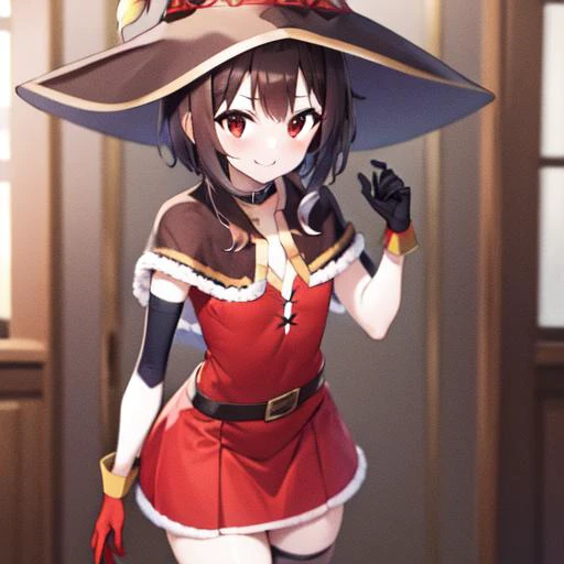 <lora:erosantav1:0.8> red fur-trimmed capelet, red skirt, red fur-trimmed gloves, capelet, solo, 1girl, gloves, skirt, christmas, suspenders, red capelet, red gloves <lora:Megumin_V1.0:1> 1girl, (red eyes:1.2), solo, brown hair, short hair, witch hat, small breasts, town, smile, HDR, 8k, 4k , megumin, short hair with long locks, bangs