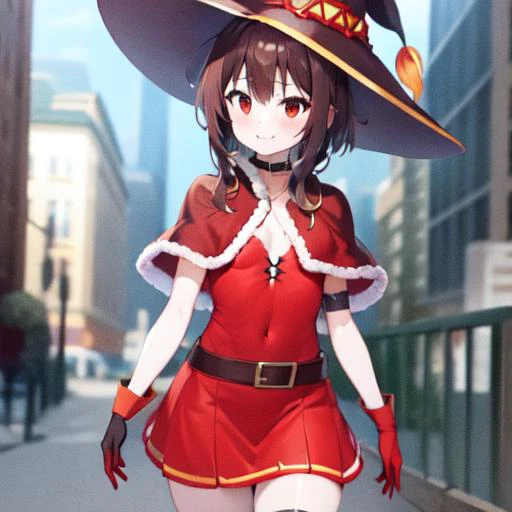 <lora:erosantav1:0.8> red fur-trimmed capelet, red skirt, red fur-trimmed gloves, capelet, solo, 1girl, gloves, skirt, christmas, suspenders, red capelet, red gloves <lora:Megumin_V1.0:1> 1girl, (red eyes:1.2), solo, brown hair, short hair, witch hat, small breasts, city, smile, HDR, 8k, 4k , megumin, short hair with long locks, bangs