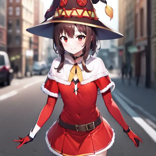<lora:erosantav1:0.8> red fur-trimmed capelet, red skirt, red fur-trimmed gloves, capelet, solo, 1girl, gloves, skirt, christmas, suspenders, red capelet, red gloves <lora:Megumin_V1.0:1> 1girl, (red eyes:1.2), solo, brown hair, short hair, witch hat, small breasts, city, smile, HDR, 8k, 4k , megumin, short hair with long locks, bangs