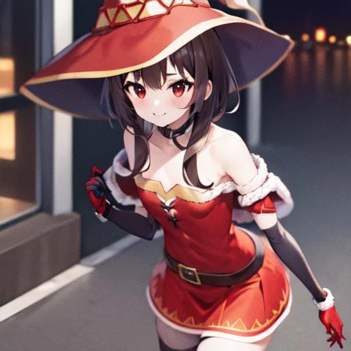 <lora:erosantav1:0.8> red fur-trimmed capelet, red skirt, red fur-trimmed gloves, capelet, solo, 1girl, gloves, skirt, christmas, suspenders, red capelet, red gloves <lora:Megumin_V1.0:1> 1girl, (red eyes:1.2), solo, brown hair, short hair, witch hat, small breasts, city, smile, HDR, 8k, 4k , megumin, short hair with long locks, bangs
