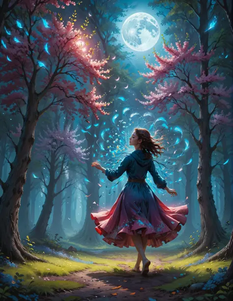 a young woman of Air twirling, moonlit grove of flowering trees, Dreamyvibes Artstyle, Anatomical Drawing in Jessica Rossier style, Surreal, Minimalist, colorful and vibrant, Complimentary-Colors, high quality, imagination, 8k, fantasy art, vivid magical colors<lora:RMSDXL_Creative:2> <lora:RMSDXL_Darkness_Cinema:1> <lora:RMSDXL_Enhance:2> <lora:Dreamyvibes - Alt-Version - Trigger is Dreamyvibes Artstyle:1>