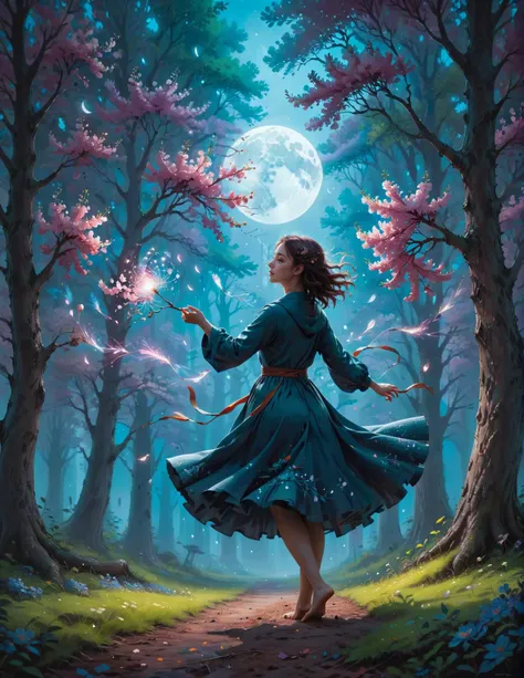 a young woman of Air twirling, moonlit grove of flowering trees, Dreamyvibes Artstyle, Anatomical Drawing in Jessica Rossier style, Surreal, Minimalist, colorful and vibrant, Complimentary-Colors, high quality, imagination, 8k, fantasy art, vivid magical colors<lora:RMSDXL_Creative:2> <lora:RMSDXL_Darkness_Cinema:1> <lora:RMSDXL_Enhance:2> <lora:Dreamyvibes - Alt-Version - Trigger is Dreamyvibes Artstyle:1>