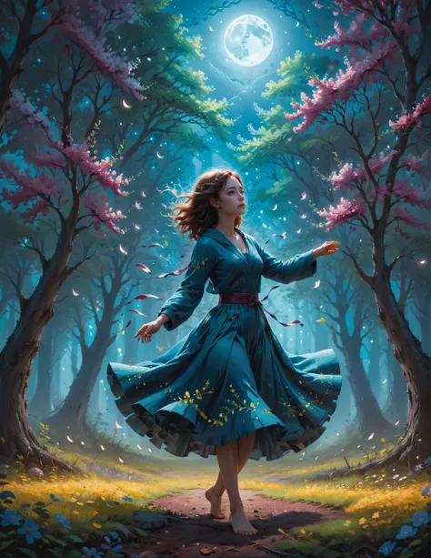 a young woman of Air twirling, moonlit grove of flowering trees, Dreamyvibes Artstyle, Anatomical Drawing in Jessica Rossier style, Surreal, Minimalist, colorful and vibrant, Complimentary-Colors, high quality, imagination, 8k, fantasy art, vivid magical colors<lora:RMSDXL_Creative:2> <lora:RMSDXL_Darkness_Cinema:1> <lora:RMSDXL_Enhance:2> <lora:Dreamyvibes - Alt-Version - Trigger is Dreamyvibes Artstyle:1>