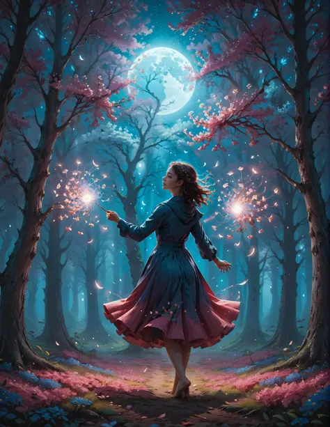 a young woman of Air twirling, moonlit grove of flowering trees, Dreamyvibes Artstyle, Anatomical Drawing in Jessica Rossier style, Surreal, Minimalist, colorful and vibrant, Complimentary-Colors, high quality, imagination, 8k, fantasy art, vivid magical colors<lora:RMSDXL_Creative:2> <lora:RMSDXL_Darkness_Cinema:1> <lora:RMSDXL_Enhance:2> <lora:Dreamyvibes - Alt-Version - Trigger is Dreamyvibes Artstyle:1>