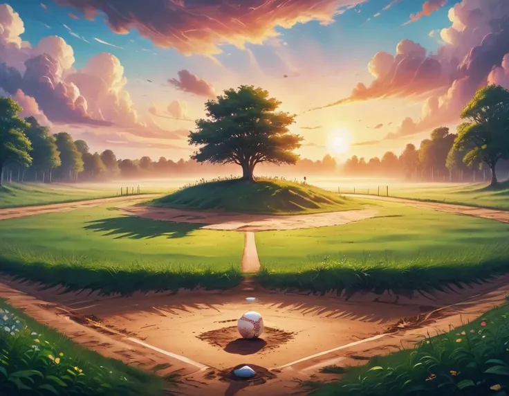 dreamyvibes artstyle, field with a magical baseball diamond.   <lora:Dreamyvibes - Alt-Version - Trigger is Dreamyvibes Artstyle:1>