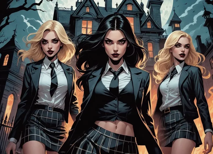 high quality art, detailed, sharp focus, graphic novel noir color line art style, four playfully nasty girls wearing matching outfits are posing in front of a haunted mansion, grin, long hair, (black hair, blonde hair), different faces, pale, fit, slim, curvy, deep shadows, short plaid skirt, jacket, 4girls, burning building background, horror theme, moon, darkness