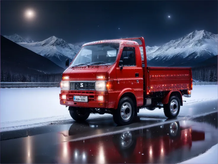 a breathtaking highly detailed 8k photograph, cherry red 1990's Era Suzuki Carry Kei truck with ral-crztlgls windows, parked in an empty snowy mountain parking lot at night, wet road reflections